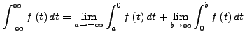$\displaystyle \int_{-\infty}^{\infty}f\left(t\right)dt=\lim_{a\rightarrow-\inft...
...{a}^{0}f\left(t\right)dt+\lim_{b\rightarrow\infty}\int_{0}^{b}f\left(t\right)dt$