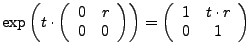 $ \textrm{exp}\left(t\cdot\left(\begin{array}{cc}
0 & r\\
0 & 0\end{array}\right)\right)=\left(\begin{array}{cc}
1 & t\cdot r\\
0 & 1\end{array}\right)$