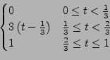 \begin{displaymath}\begin{cases}
0 & 0\le t<\frac{1}{3}\\
3\left(t-\frac{1}{3}\...
...c{1}{3}\le t<\frac{2}{3}\\
1 & \frac{2}{3}\le t\le1\end{cases}\end{displaymath}