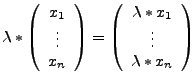 $ \lambda*\left(\begin{array}{c}
x_{1}\\
\vdots\\
x_{n}\end{array}\right)=\left(\begin{array}{c}
\lambda*x_{1}\\
\vdots\\
\lambda*x_{n}\end{array}\right)$