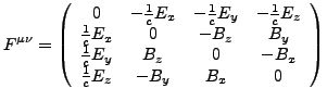 $\displaystyle F^{\mu\nu}=\left(\begin{array}{cccc}
0 & -\frac{1}{c}E_{x} & -\fr...
...& B_{z} & 0 & -B_{x}\\
\frac{1}{c}E_{z} & -B_{y} & B_{x} & 0\end{array}\right)$
