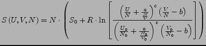 $\displaystyle S\left(U,V,N\right)=\frac{4}{3}b^{\frac{1}{4}}U^{\frac{3}{4}}V^{\frac{1}{4}}$