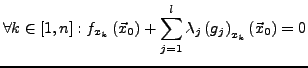 $\displaystyle \forall k\in\left[1,n\right]:f_{x_{k}}\left(\vec{x}_{0}\right)+\sum_{j=1}^{l}\lambda_{j}\left(g_{j}\right)_{x_{k}}\left(\vec{x}_{0}\right)=0$