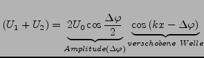 $ \left(U_{1}+U_{2}\right)=\underbrace{2U_{0}\cos\frac{\Delta\varphi}{2}}_{Ampli...
...rphi\right)}\underbrace{\cos\left(kx-\Delta\varphi\right)}_{verschobene\ Welle}$